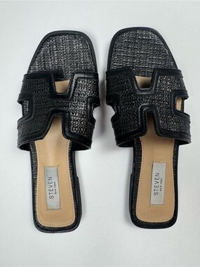 STEVEN NEW YORK by Steve Madden Harlien Woven Slide Sandals Black Mule Size 7.5